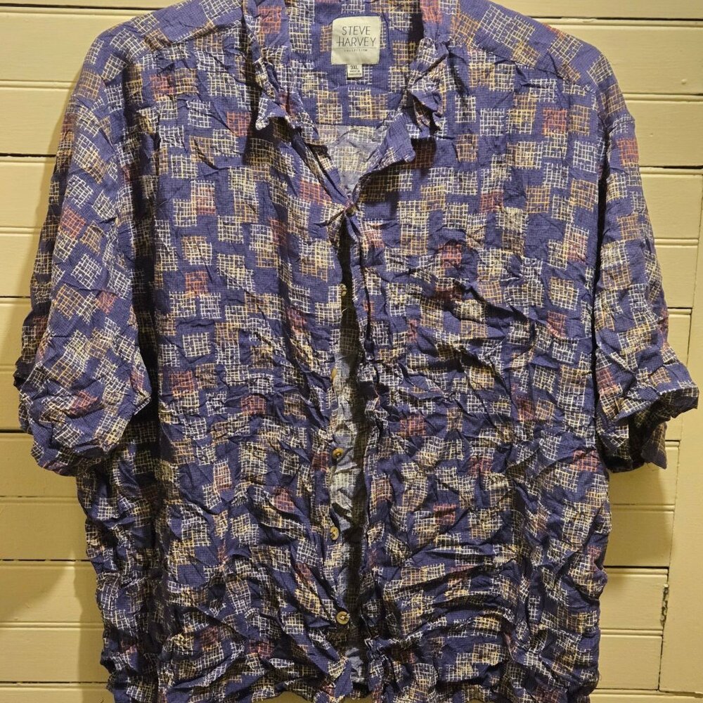 Steve Harvey Shirt Mens 3XL Blue Abstract Geometric Short Sleeve Button-Up